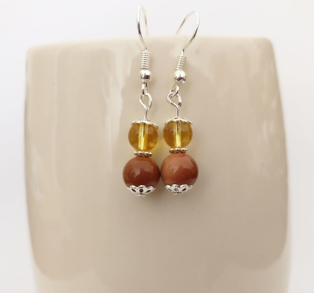 Goldstone and citrine Round Beads Dangle Earrings