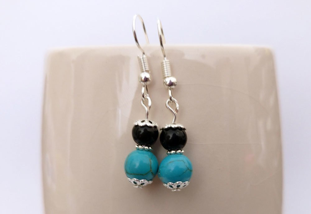 Turquoise and Black Onyx Round Beads Dangle Earrings