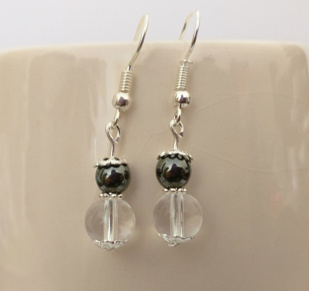 Hematite and Clear Quartz Round Beads Dangle Earrings
