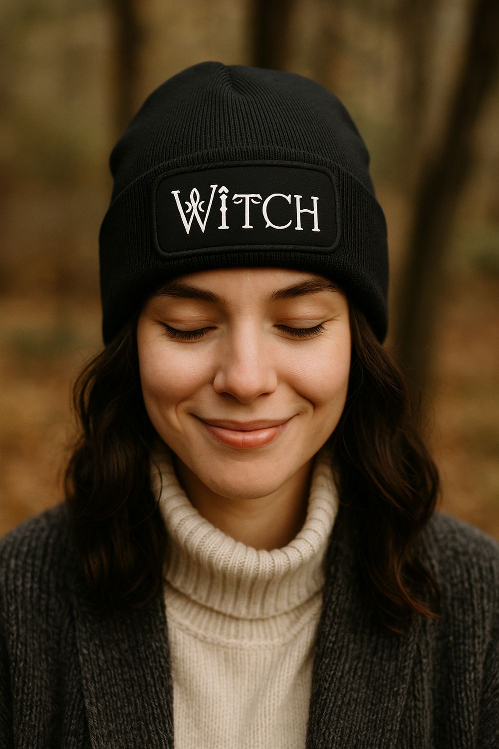 Model wearing witch beanie in autumn forest, cosy witchy outfit UK