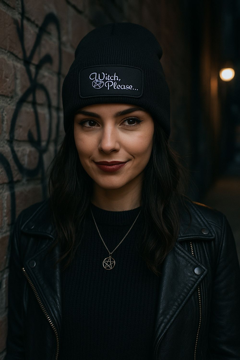 Unisex witchy beanie hat styled with gothic alternative fashion