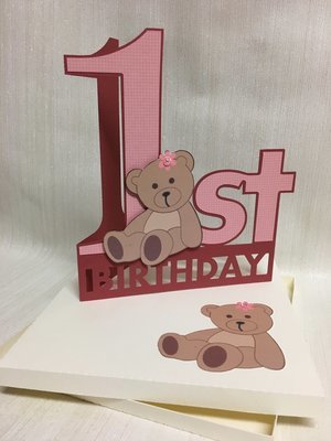 Shaped 1st Birthday Card with Teddy detail and card box - studio format