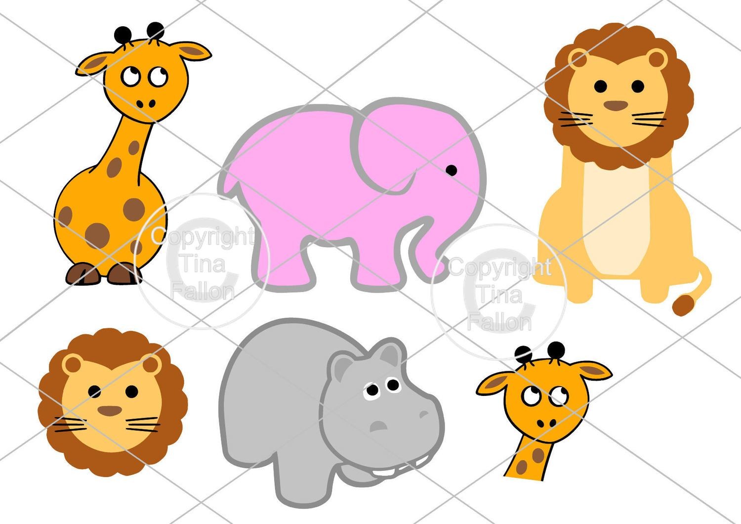 Cute Baby Animals Set No 1 Hippo, Giraffe, Elephant, Lion