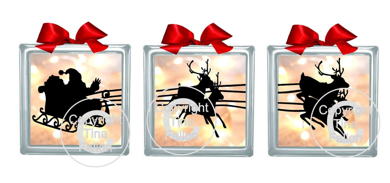 Set of 3 Santa and Sleigh Ride Glass Block Tile PLEASE READ INFO