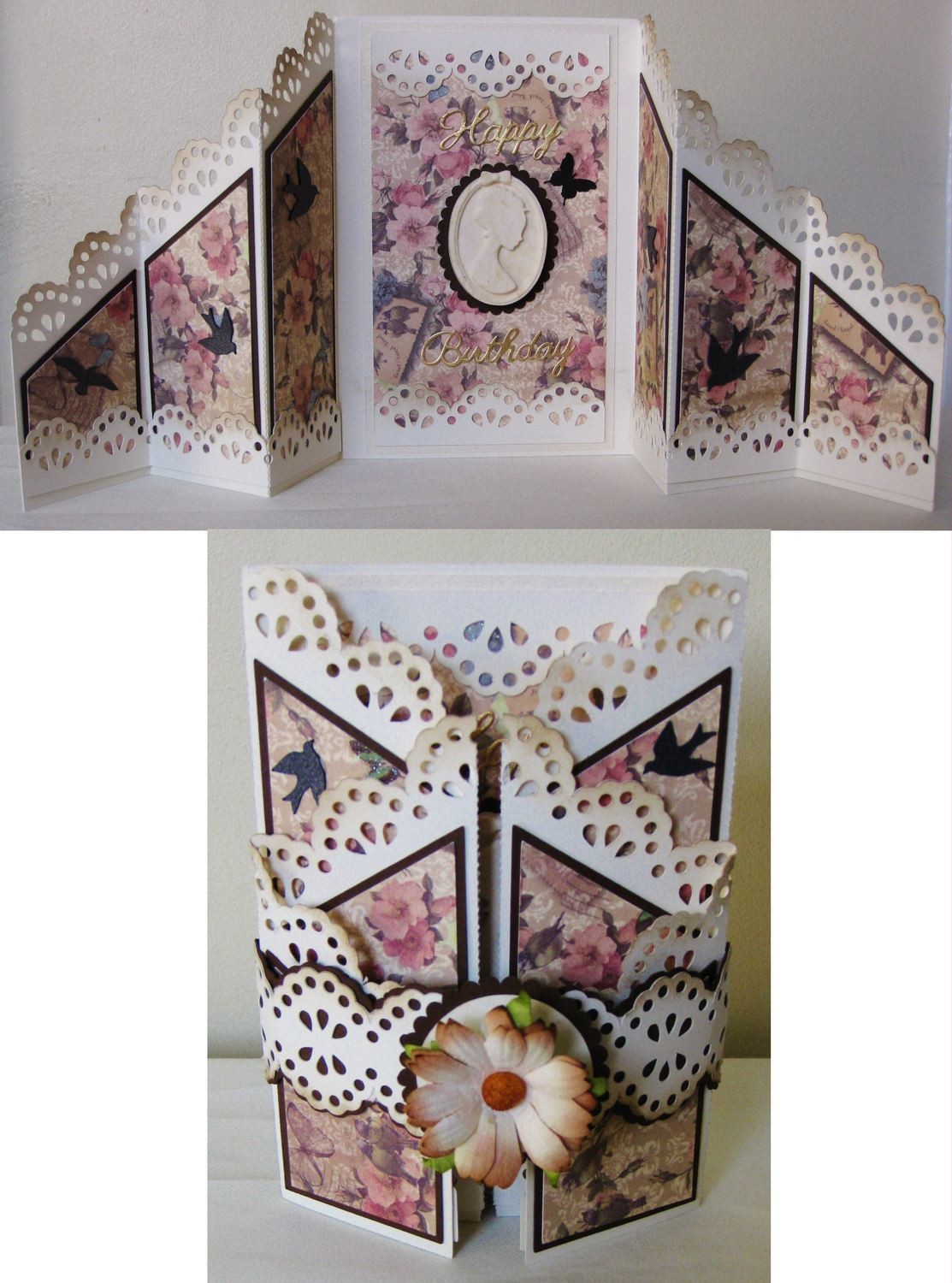 Folding Zig Zag Card with layering panels, tags,lacey borders etc