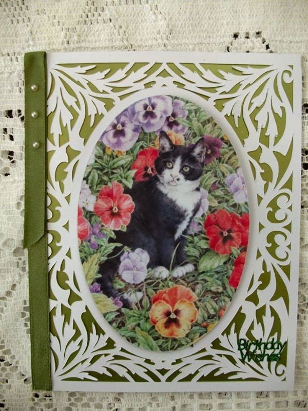 All In One Card, Flourish with Black Cat and Pansies PNC