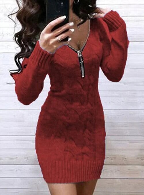 Women's Sweater Jumper Dress Short Mini, Color: Wine Red