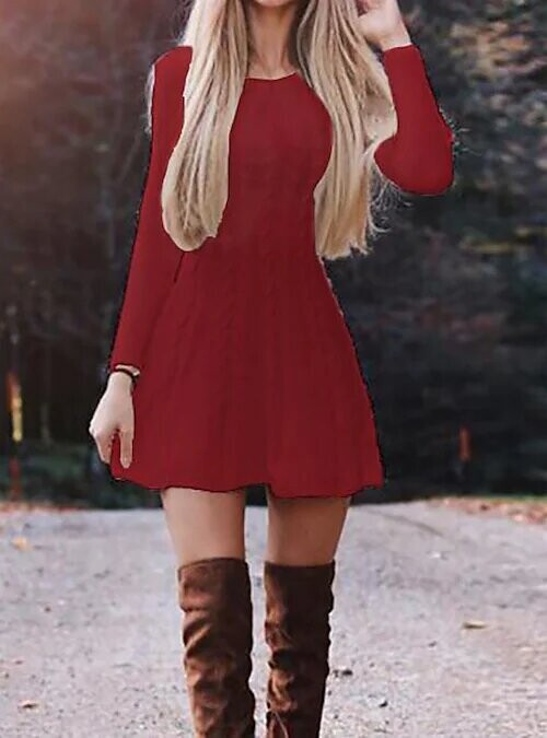 Women's Sweater Jumper Dress Short Mini, Color: Wine