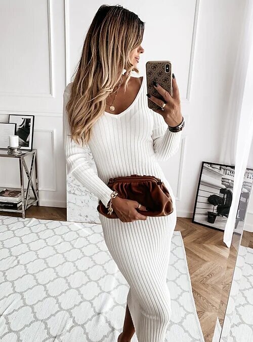 Women's Sweater Jumper Dress Maxi long, Color: White