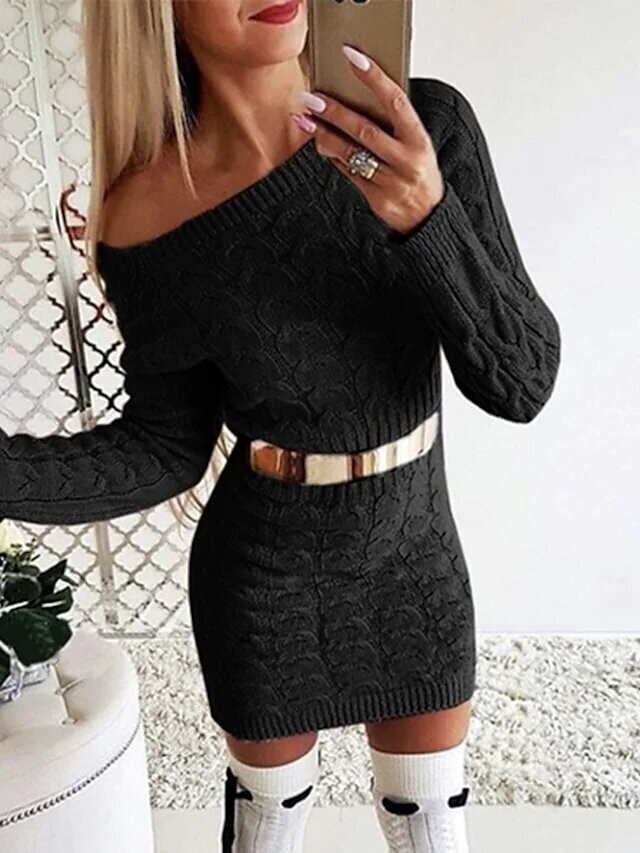 Women's Sweater Jumper Dress Short, Color: Black