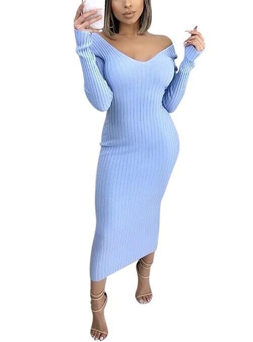 Women's Sweater Jumper Dress Midi Dress, Color: Blue