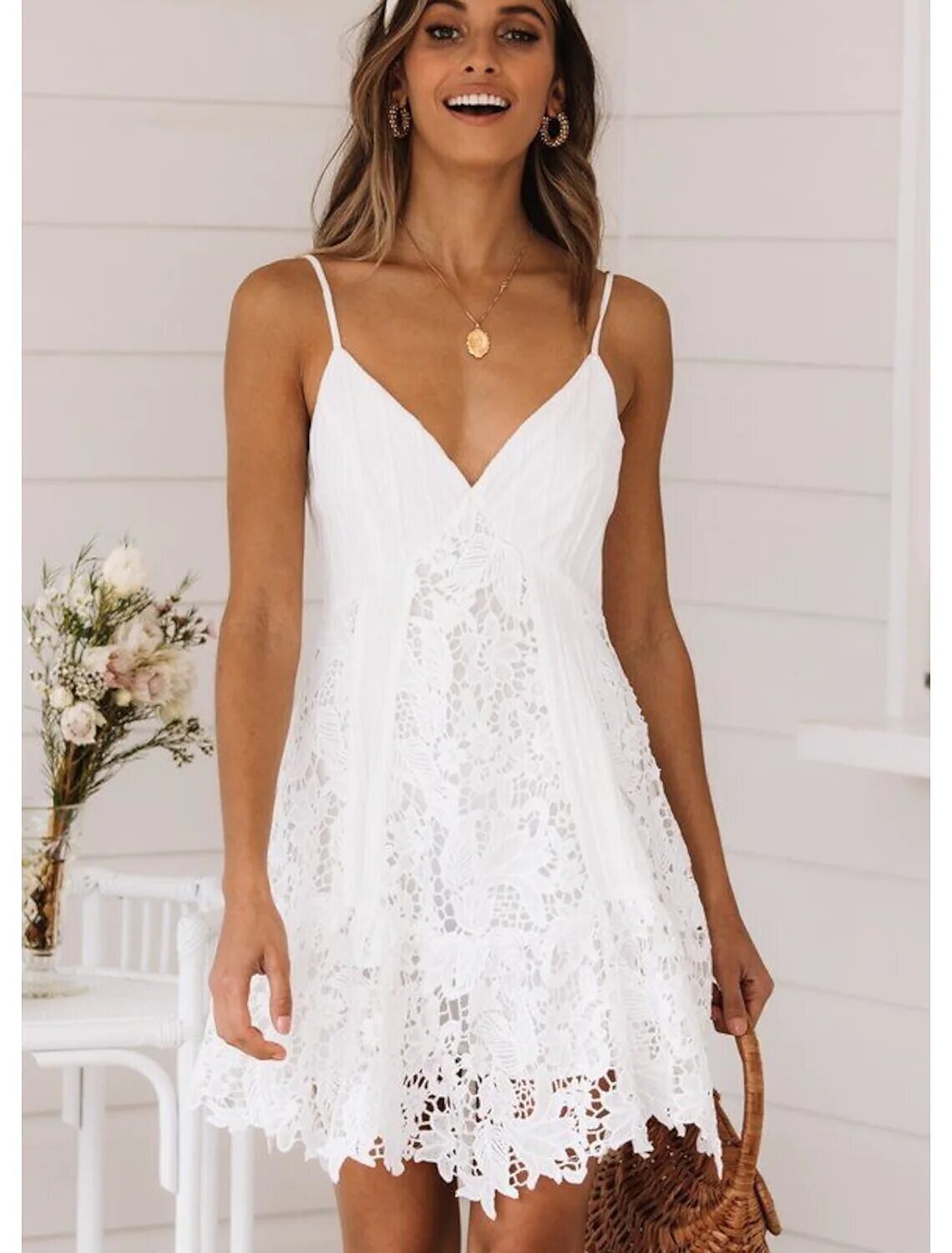 Women's White Dress Short Mini Dress, Color: White