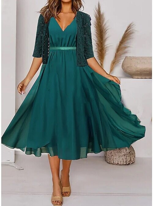 Women‘s Two Piece Dress Midi Dress, Color: Green