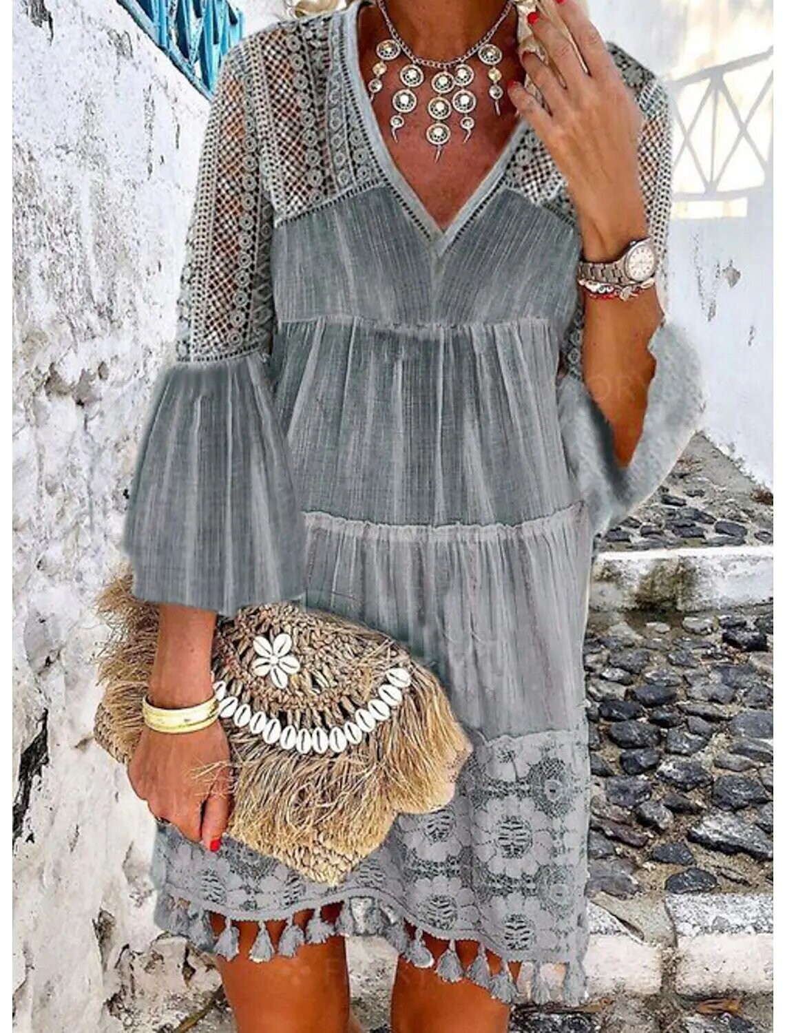 Women's A Line Dress Short Mini Dress, Color: Gray