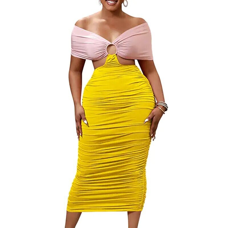 Women's Bodycon Midi Dress Yellow Fuchsia, Color: Yellow