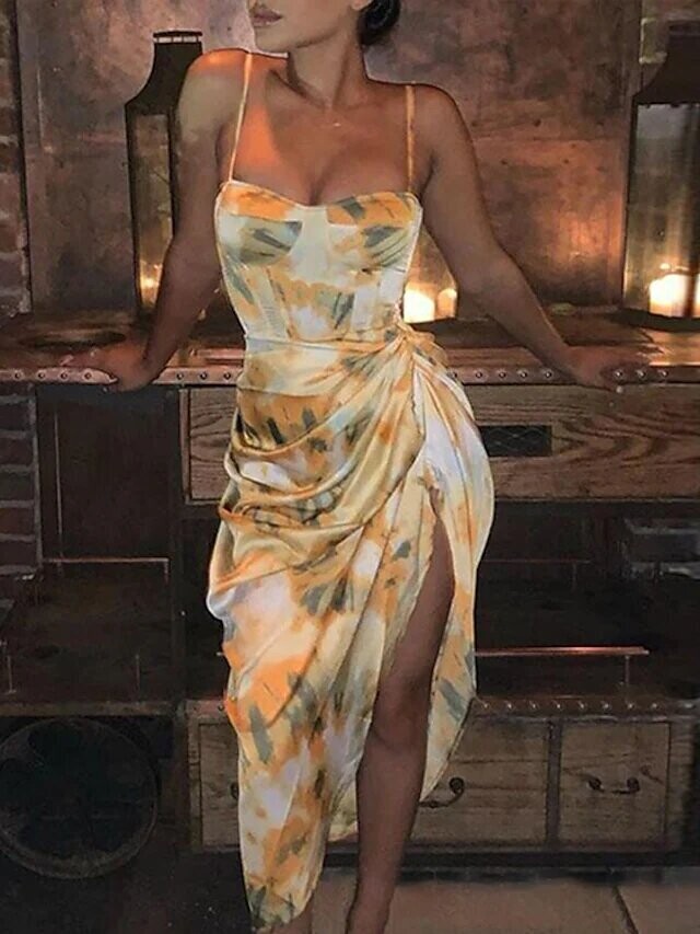 Women's Strap Dress Midi Dress, Color: Yellow