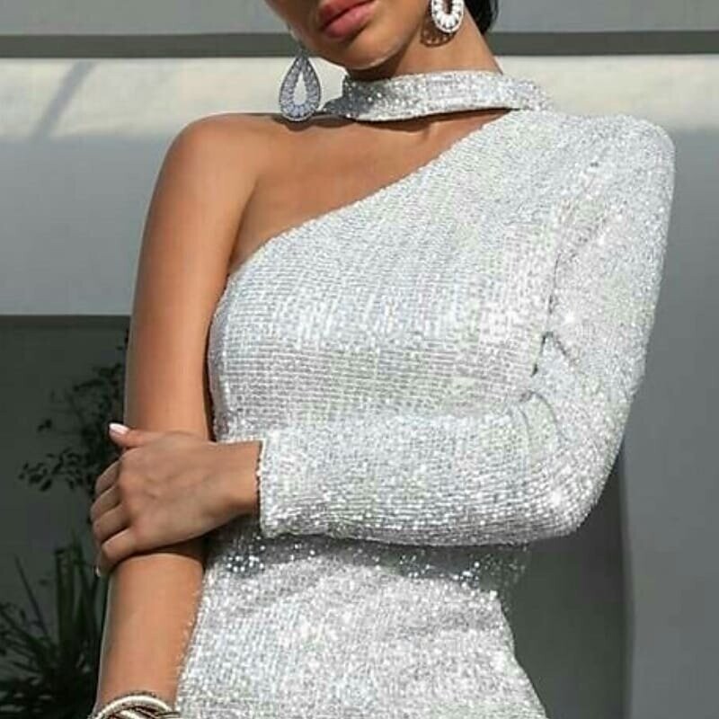 Women‘s Bodycon Short Mini Dress, Color: Silver