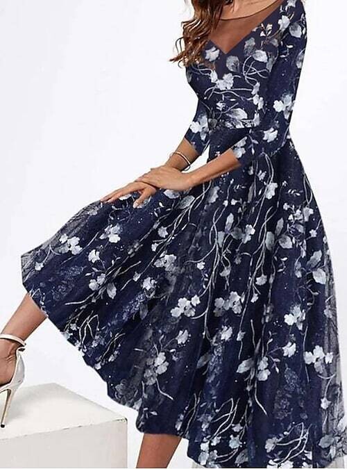 Women's A Line Dress Midi Dress Black Dusty Blue 3/4, Color: Dusty Blue