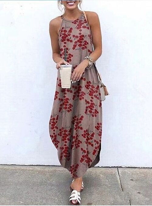 Women's Strap Dress Maxi long Dress, Color: Gray