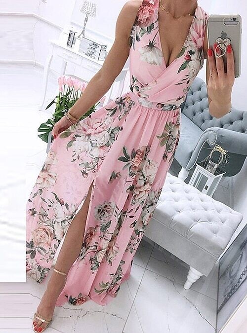 Women's Swing Dress Maxi long Dress, Color: Pink