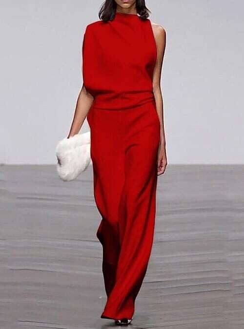 Women's Commuting Asymmetry Sleeve Pure, Color: Red