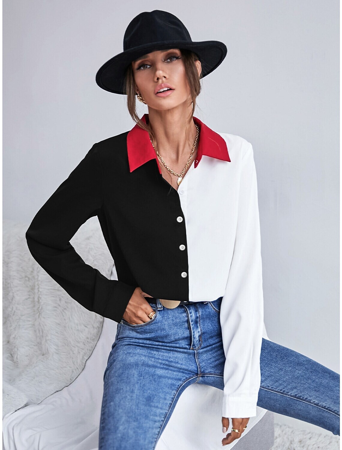 Women's Blouse Color Block Daily Weekend, Color: Black