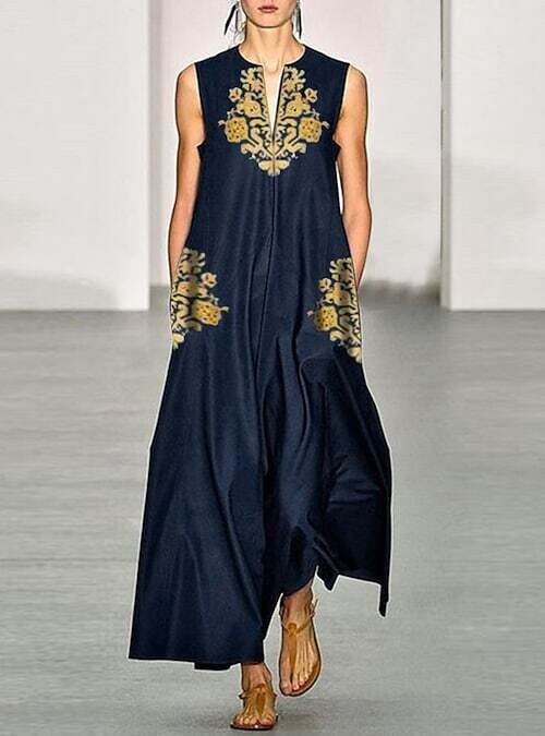 Women's Shift Dress Maxi long Dress, Color: Navy Blue