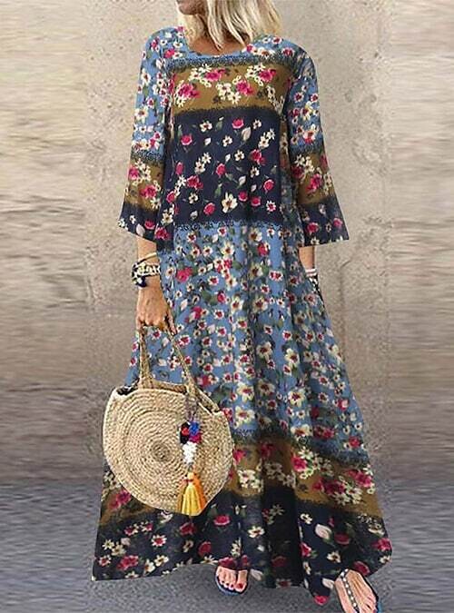 Women's Maxi long Dress Green Blue Pink 3/4, Color: Blue