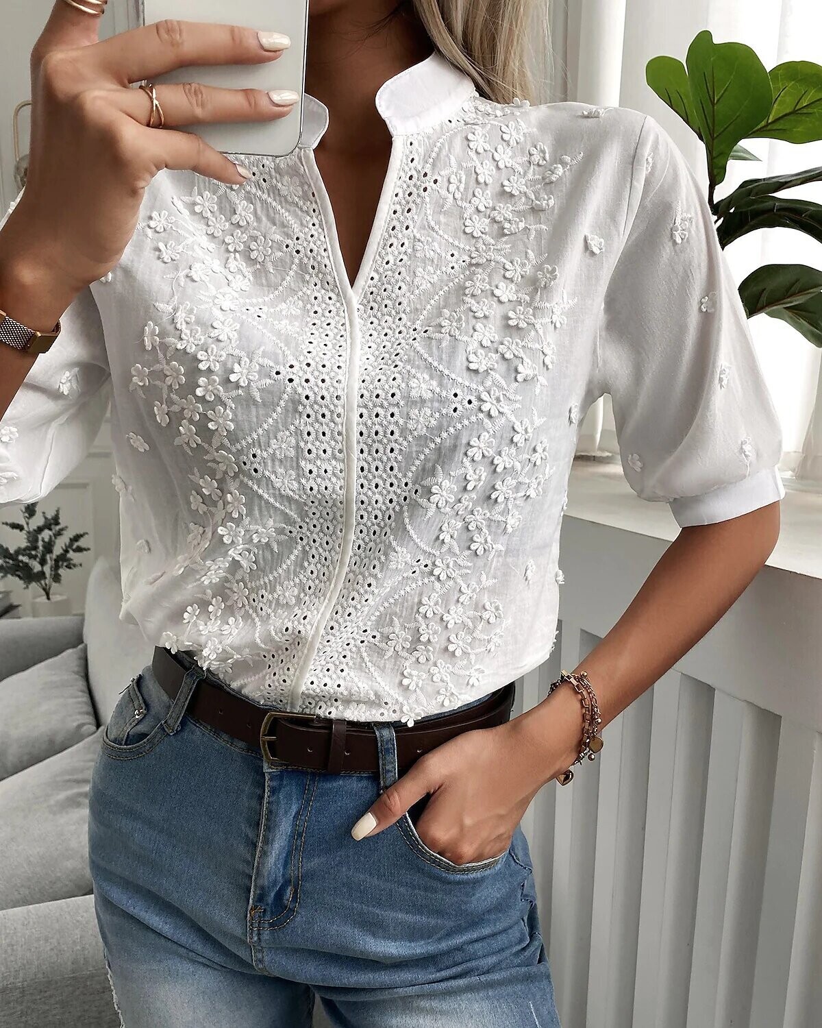 Women's Blouse Floral Plain Casual, Color: White