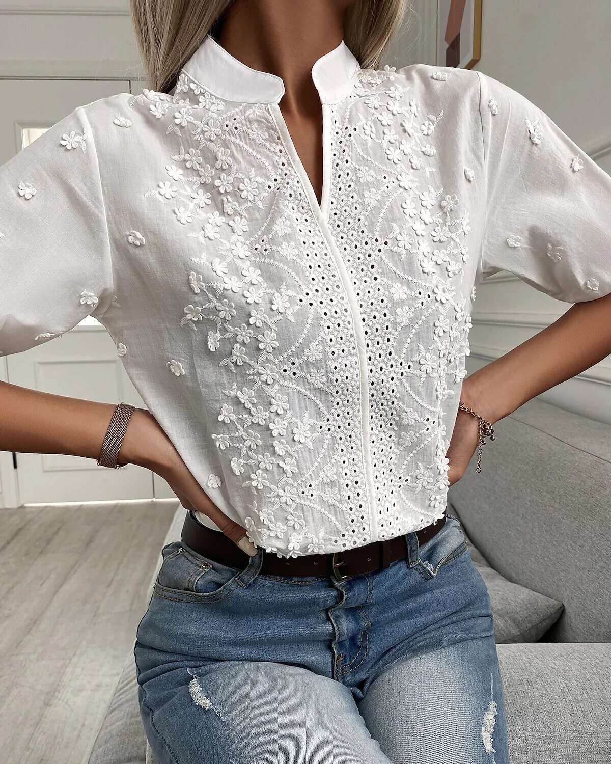 Women's Blouse Floral Plain Casual, Color: White