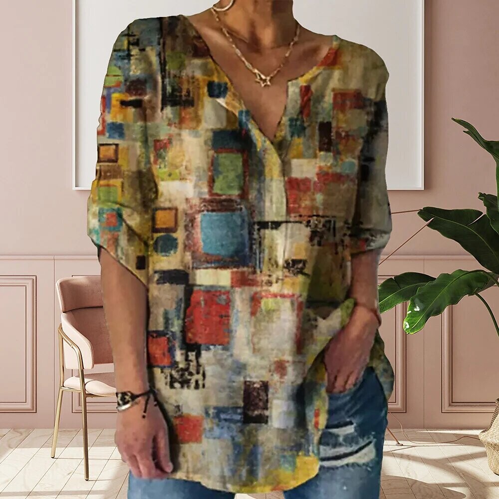 Women's Blouse Graphic Patterned Geometric, Color: Khaki