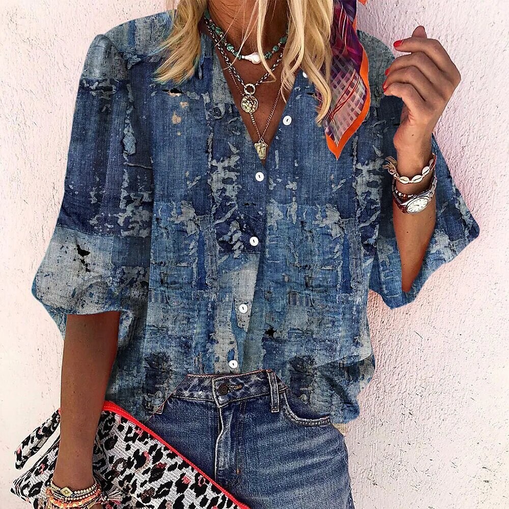 Women's Blouse Graphic Patterned Geometic, Color: Blue