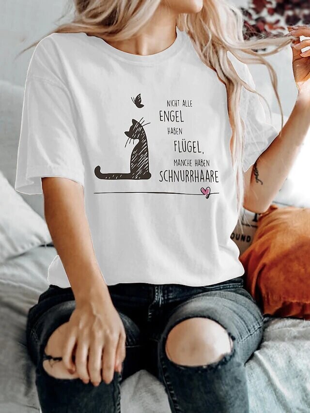 Women's T shirt Tee Cat Butterfly Text Casual, Color: White