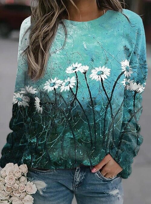 Women's Sweatshirt Pullover Floral, Color: Blue