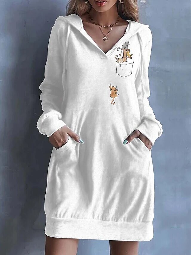 ​Women's Hoodie Dress Cat Pocket Print
