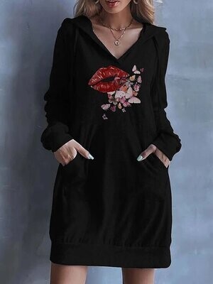 Women's Hoodie Dress Butterfly Lip Print