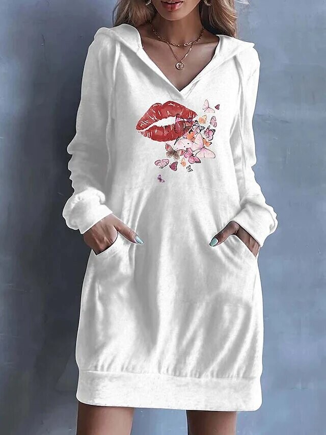 Women's Hoodie Dress Butterfly Lip Print, Color: White
