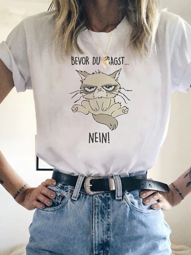 Women's T shirt Tee Cat Text Casual