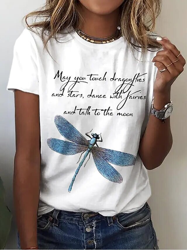 Women's T shirt Tee Text Animal Casual, Color: White