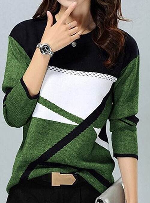 Women's T shirt Tee Color Block Casual, Color: Green