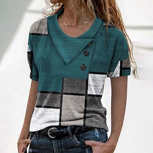 Women's T shirt Tee Color Block Geometric, Color: Green
