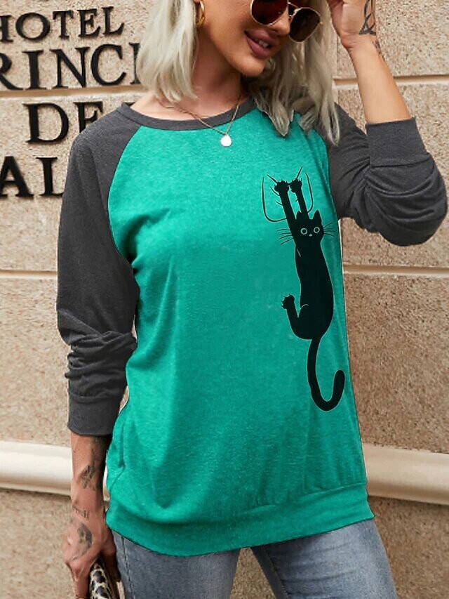 Women's T shirt Tee Cat Casual Weekend, Color: Green