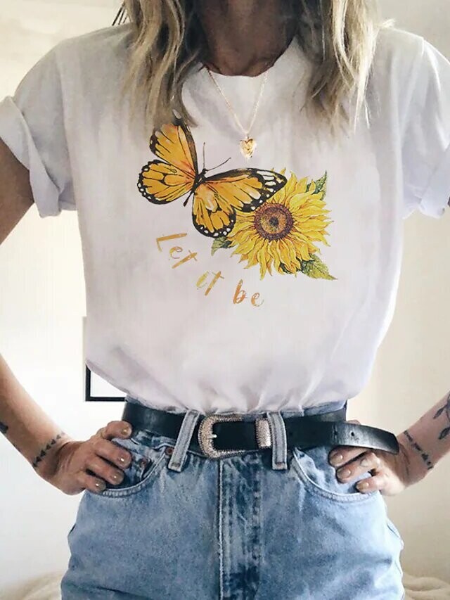 Women's T shirt Tee Butterfly Sunflower Casual, Color: White