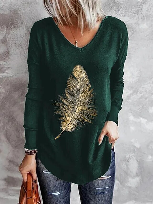 Women's T shirt Tee Feather Casual Daily, Color: Green