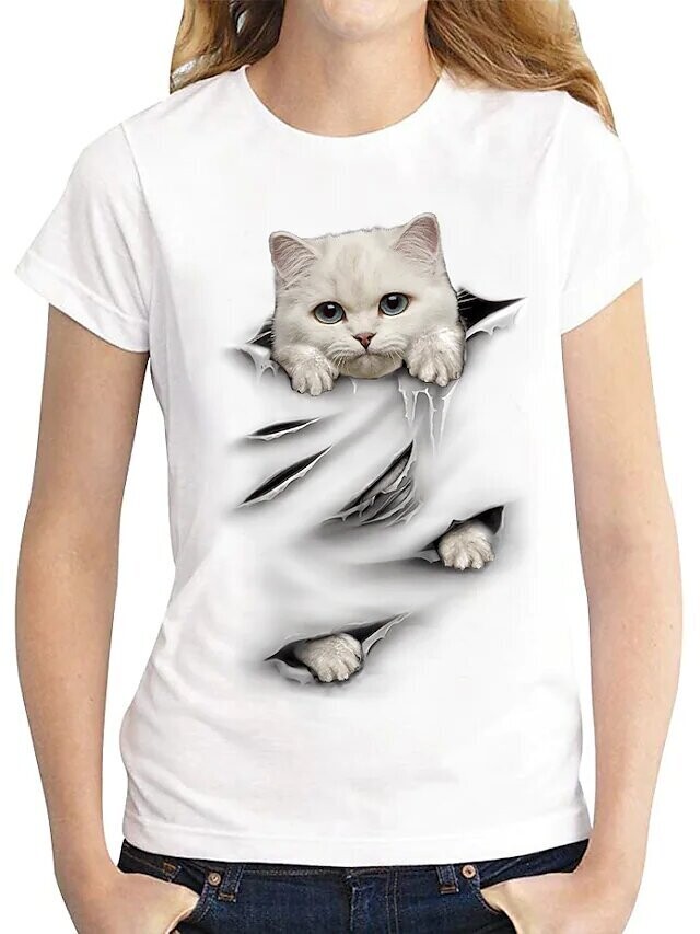 Women's T shirt Tee Cat Graphic Patterned, Color: White