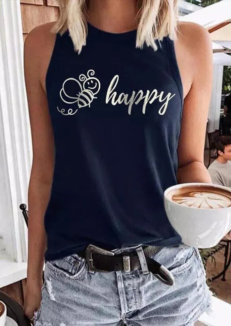 Women's Tank Top Bee Letter Daily Weekend, Color: Navy Blue