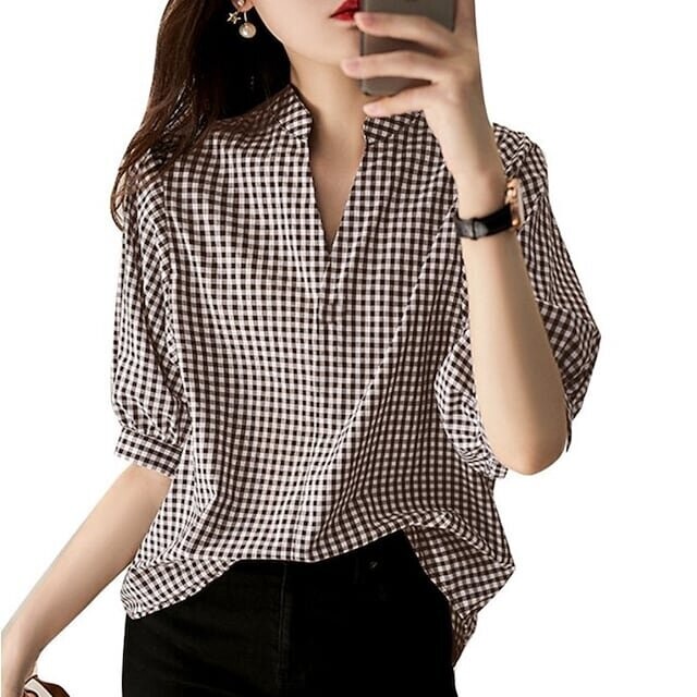 Women's Shirt Plaid Daily Weekend, Color: Khaki