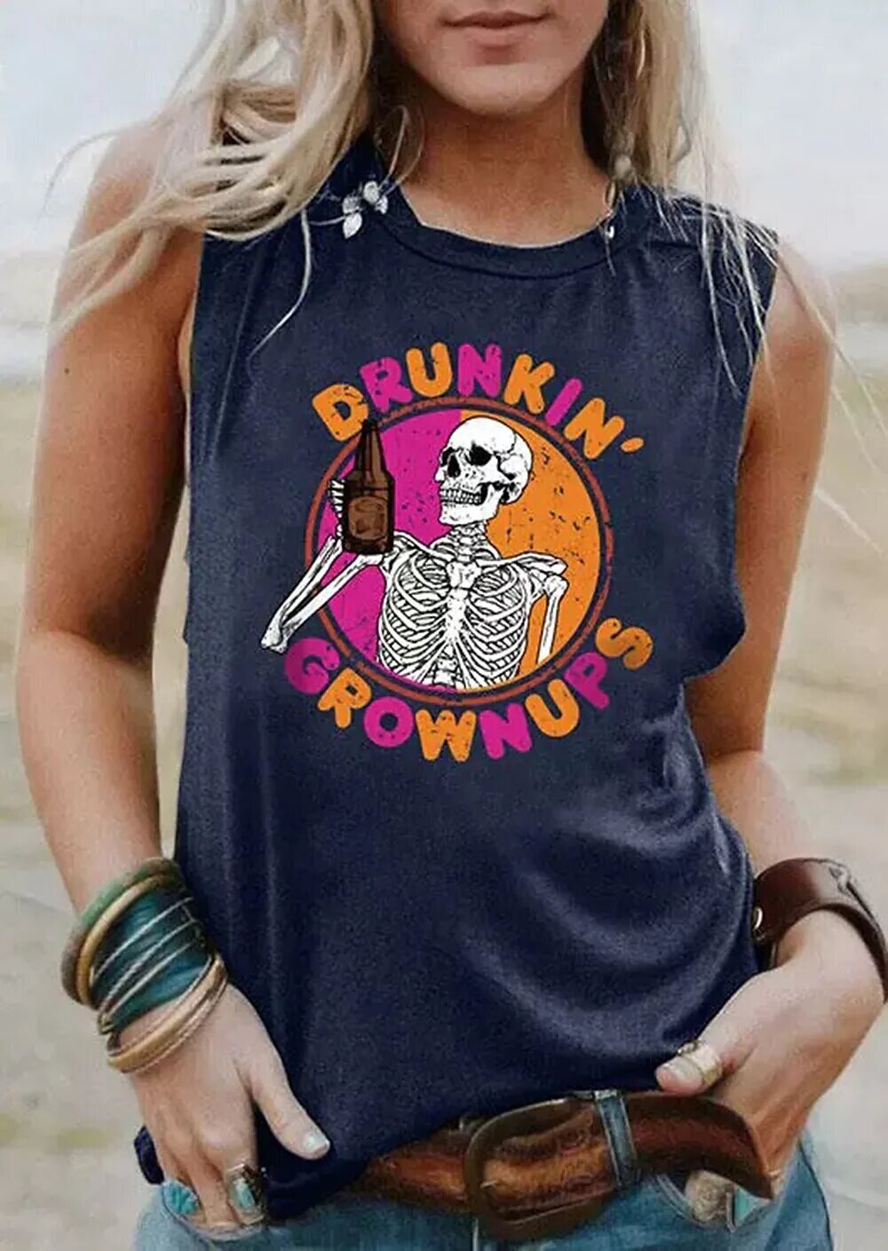 Women's Tank Top Skull Letter Daily, Color: Navy Blue