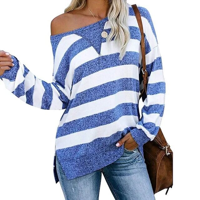Women's T shirt Tee Striped Casual Weekend, Color: Blue