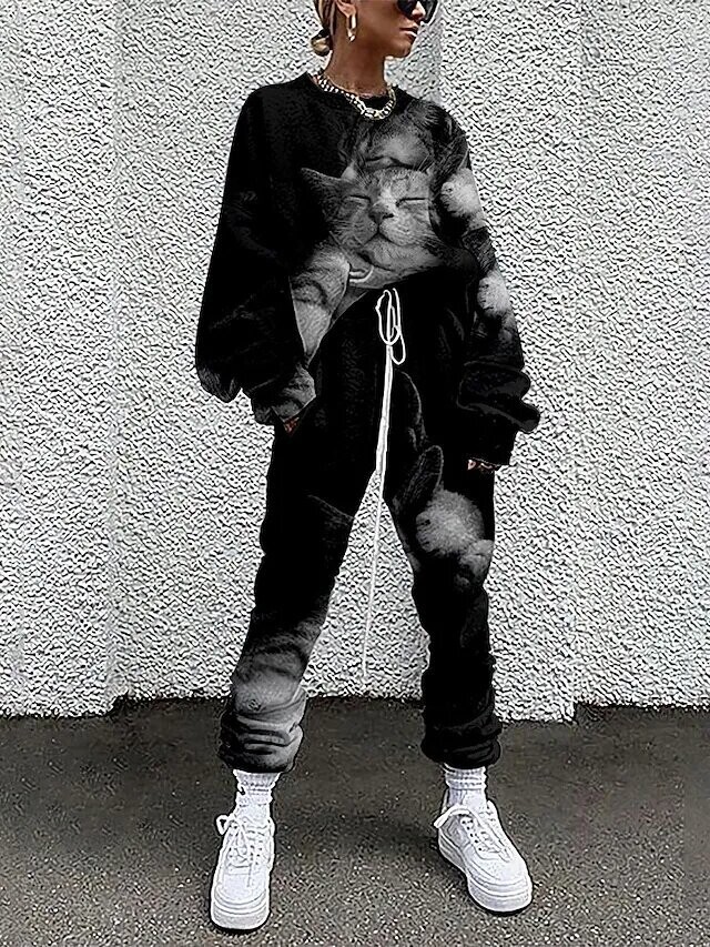 Women's Active Streetwear Cat Graphic, Color: Dark Grey